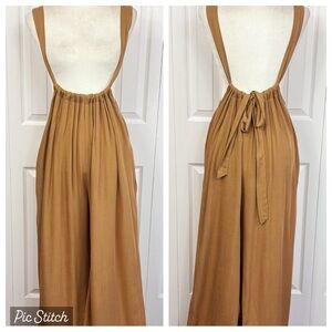 NWT Final Touch Light Brown Suspender Strap Wide Leg Jumpsuit Large
